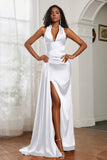 Halter Satin Sheath Sleeveless Long Formal Evening Dresses with Slit Prom Party Gowns