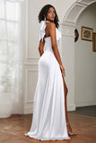 Halter Satin Sheath Sleeveless Long Formal Evening Dresses with Slit Prom Party Gowns