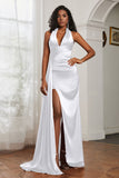 Halter Satin Sheath Sleeveless Long Formal Evening Dresses with Slit Prom Party Gowns