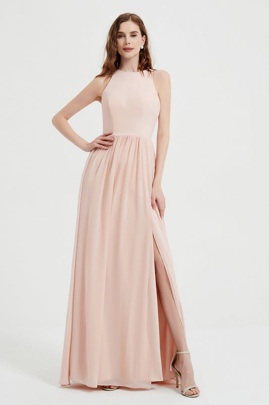 Jewel Chiffon A Line Bridesmaid Dress Floor Length Formal Evening Dresses Ruched Split Up