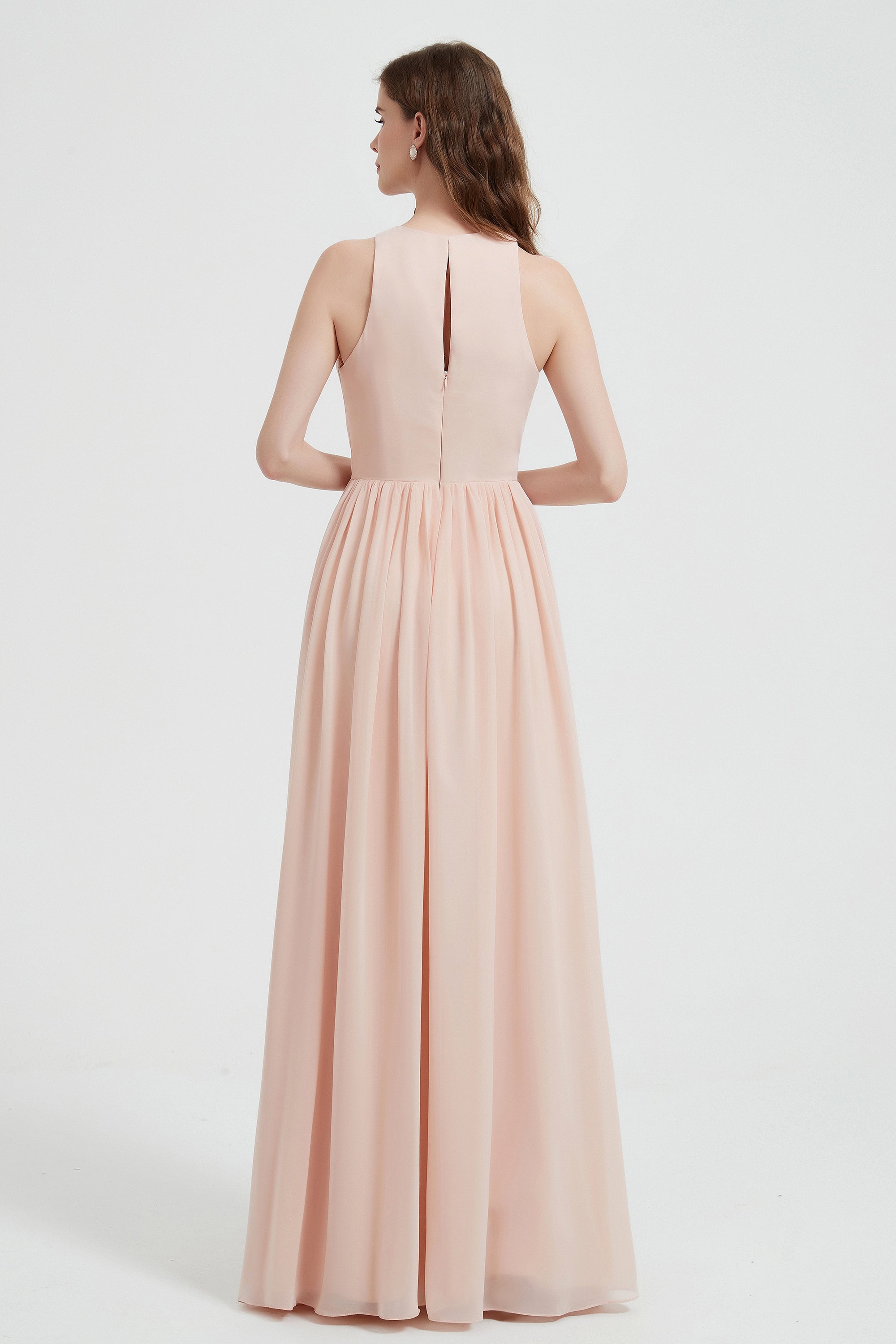 Jewel Chiffon A Line Bridesmaid Dress Floor Length Formal Evening Dresses Ruched Split Up