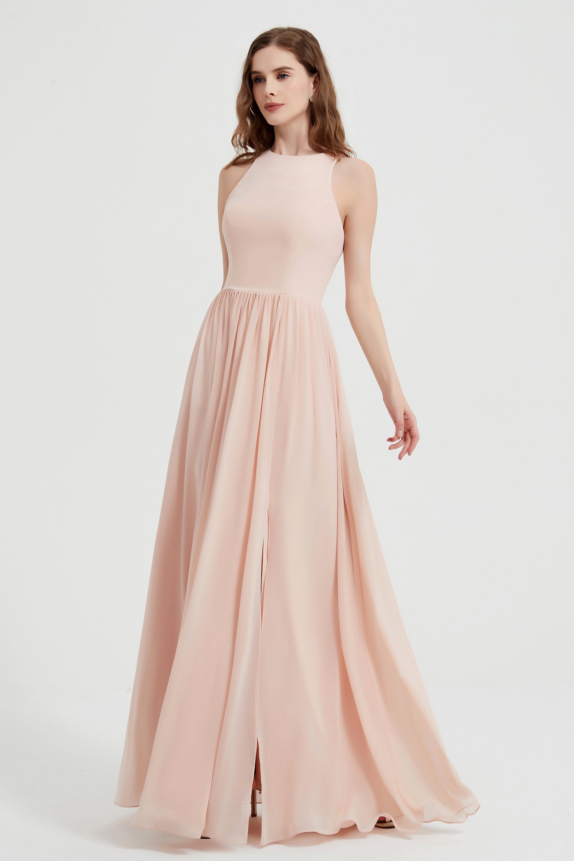 Jewel Chiffon A Line Bridesmaid Dress Floor Length Formal Evening Dresses Ruched Split Up