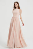 Jewel Chiffon A Line Bridesmaid Dress Floor Length Formal Evening Dresses Ruched Split Up