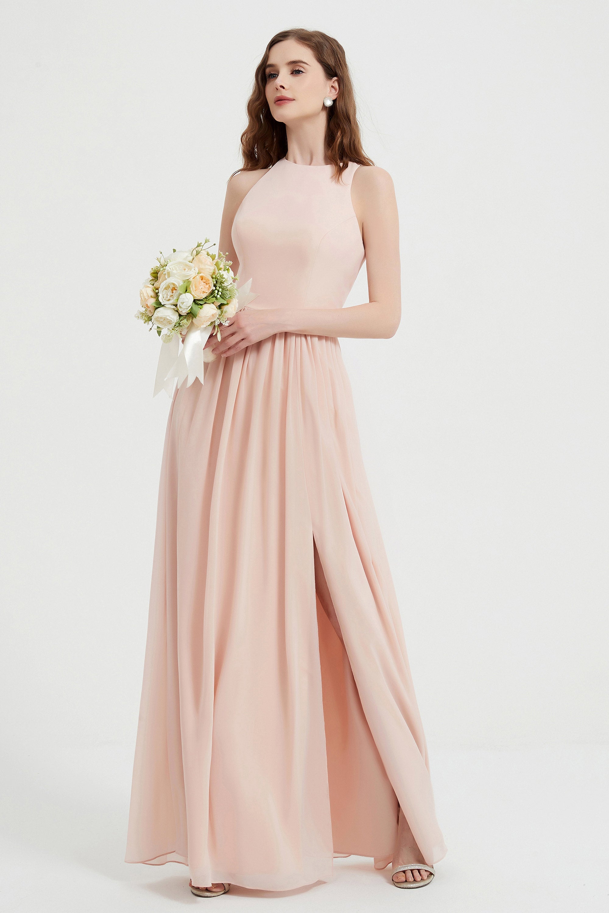Jewel Chiffon A Line Bridesmaid Dress Floor Length Formal Evening Dresses Ruched Split Up