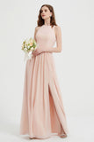Jewel Chiffon A Line Bridesmaid Dress Floor Length Formal Evening Dresses Ruched Split Up