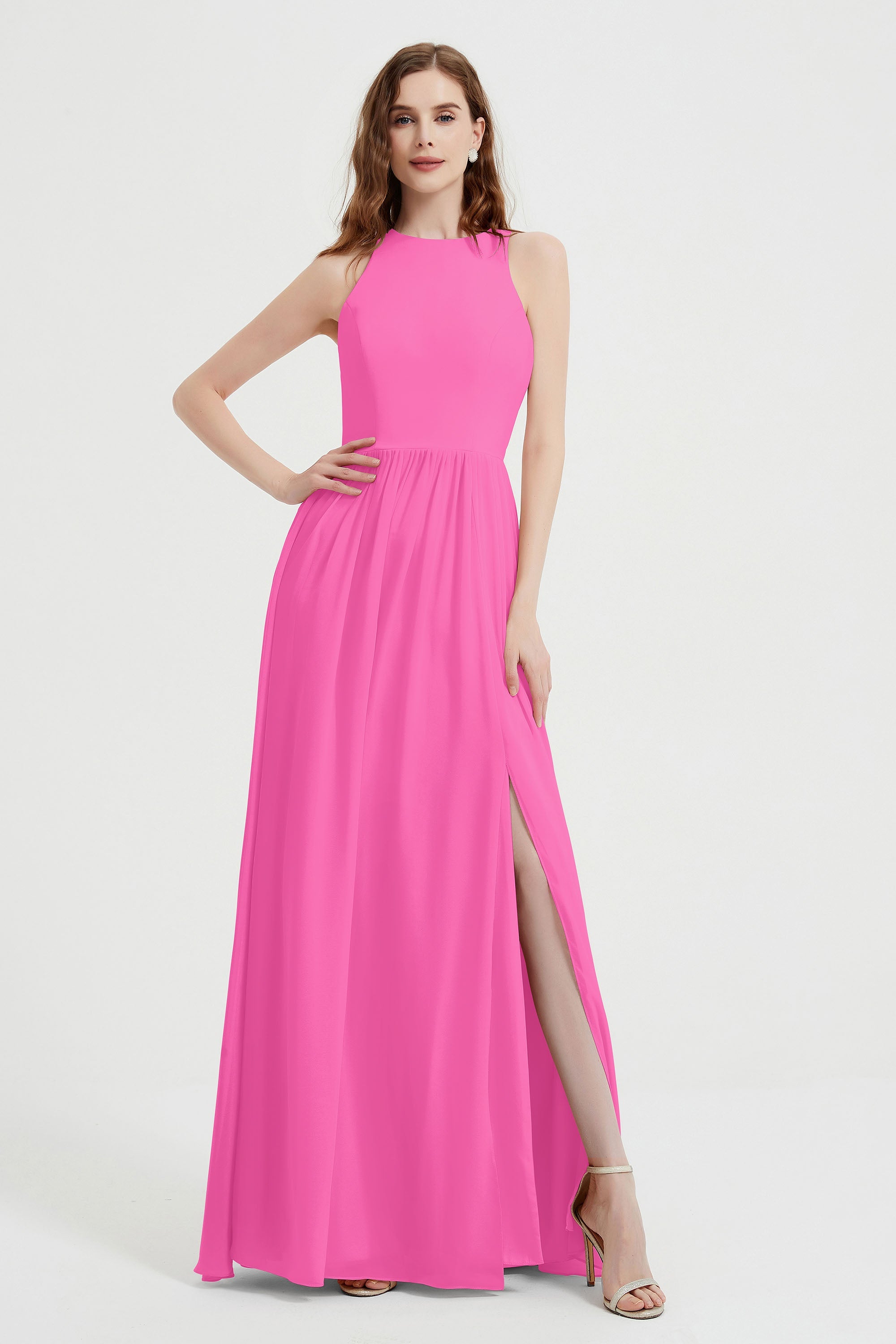 Jewel Chiffon A Line Bridesmaid Dress Floor Length Formal Evening Dresses Ruched Split Up