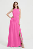 Jewel Chiffon A Line Bridesmaid Dress Floor Length Formal Evening Dresses Ruched Split Up