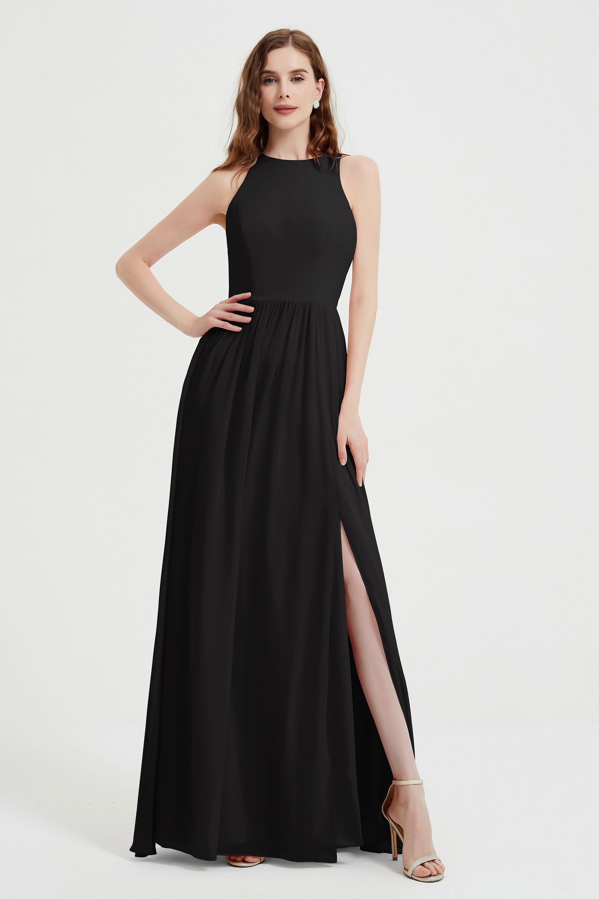 Jewel Chiffon A Line Bridesmaid Dress Floor Length Formal Evening Dresses Ruched Split Up