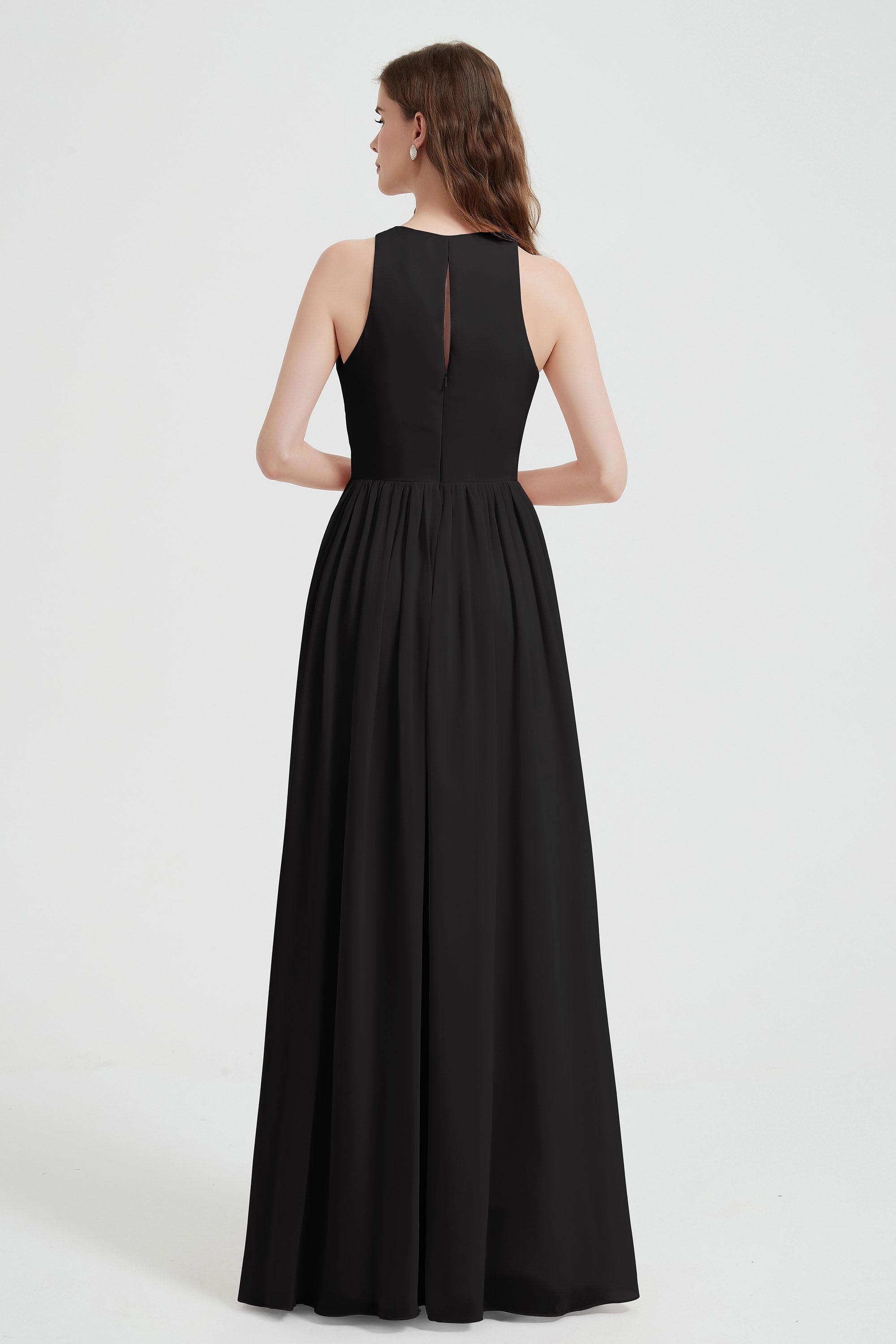 Jewel Chiffon A Line Bridesmaid Dress Floor Length Formal Evening Dresses Ruched Split Up