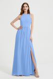 Jewel Chiffon A Line Bridesmaid Dress Floor Length Formal Evening Dresses Ruched Split Up