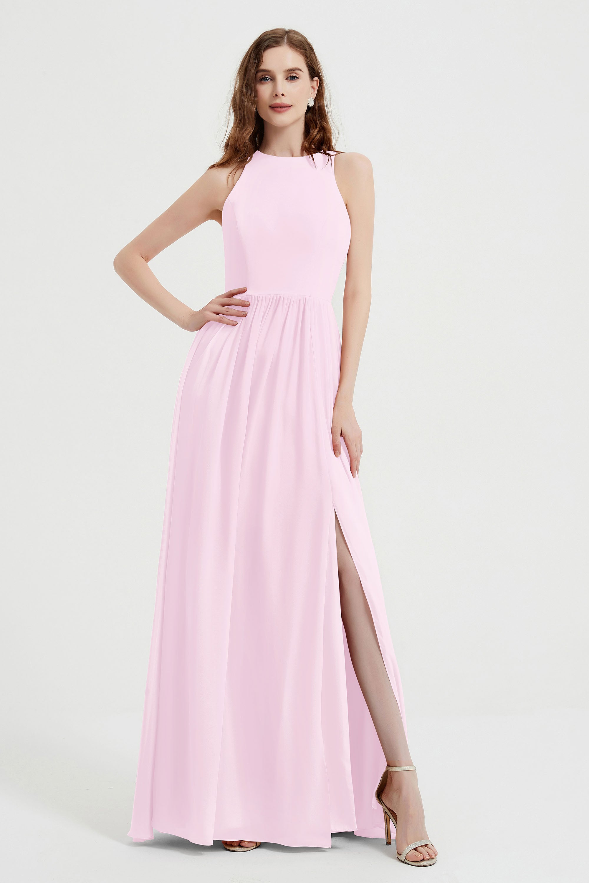 Jewel Chiffon A Line Bridesmaid Dress Floor Length Formal Evening Dresses Ruched Split Up