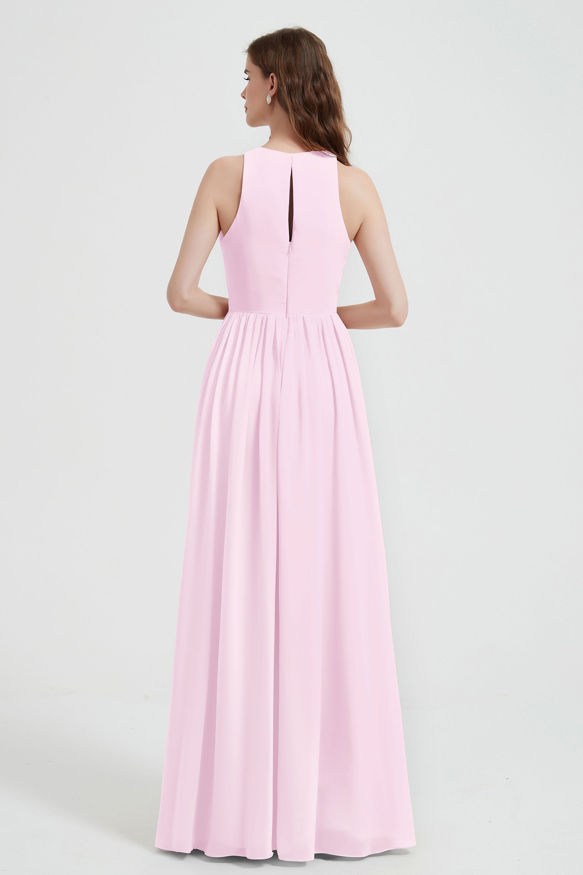 Jewel Chiffon A Line Bridesmaid Dress Floor Length Formal Evening Dresses Ruched Split Up