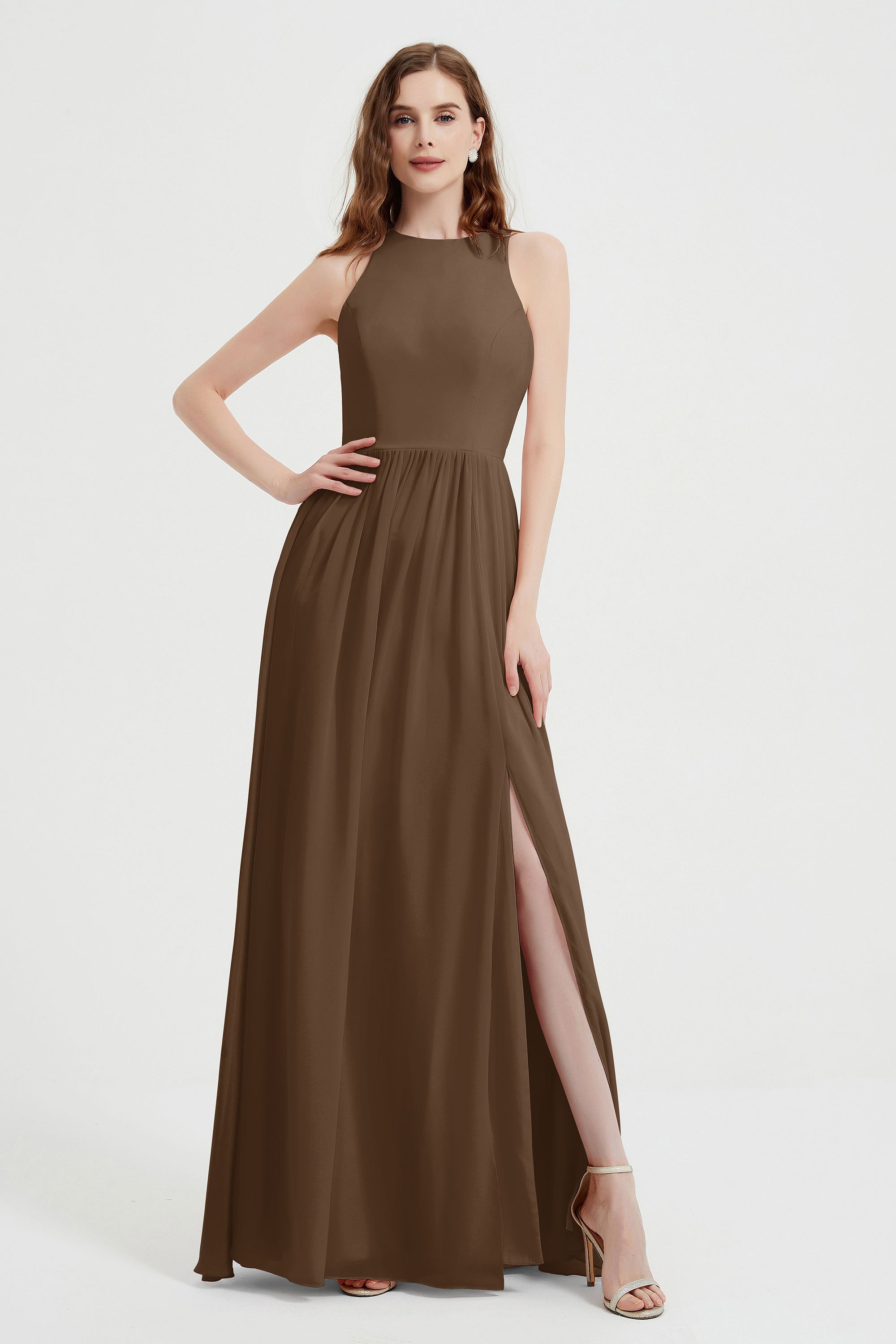 Jewel Chiffon A Line Bridesmaid Dress Floor Length Formal Evening Dresses Ruched Split Up
