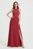 Jewel Chiffon A Line Bridesmaid Dress Floor Length Formal Evening Dresses Ruched Split Up