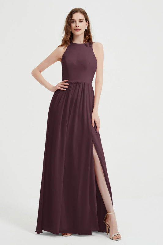 Jewel Chiffon A Line Bridesmaid Dress Floor Length Formal Evening Dresses Ruched Split Up