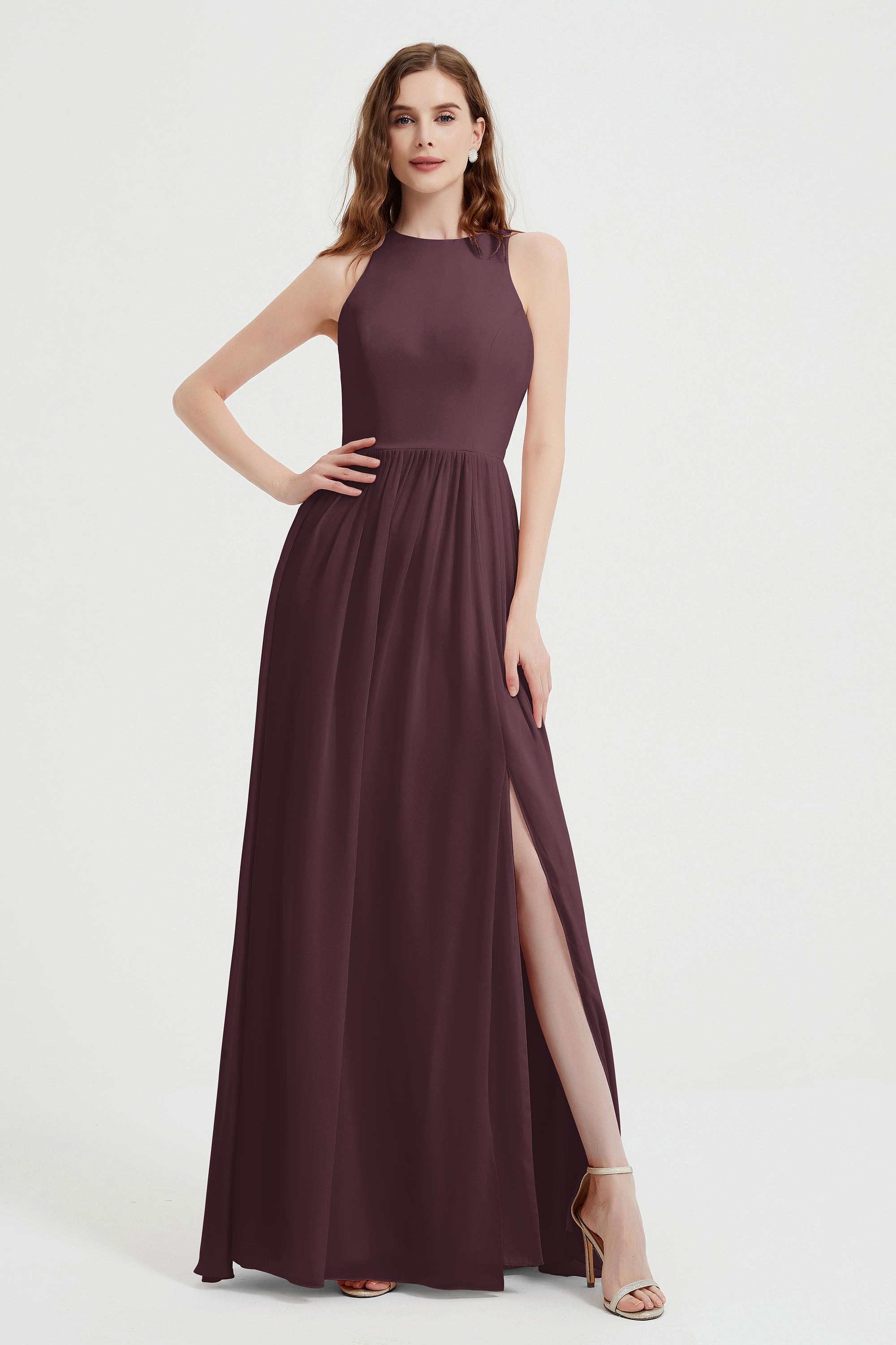 Jewel Chiffon A Line Bridesmaid Dress Floor Length Formal Evening Dresses Ruched Split Up