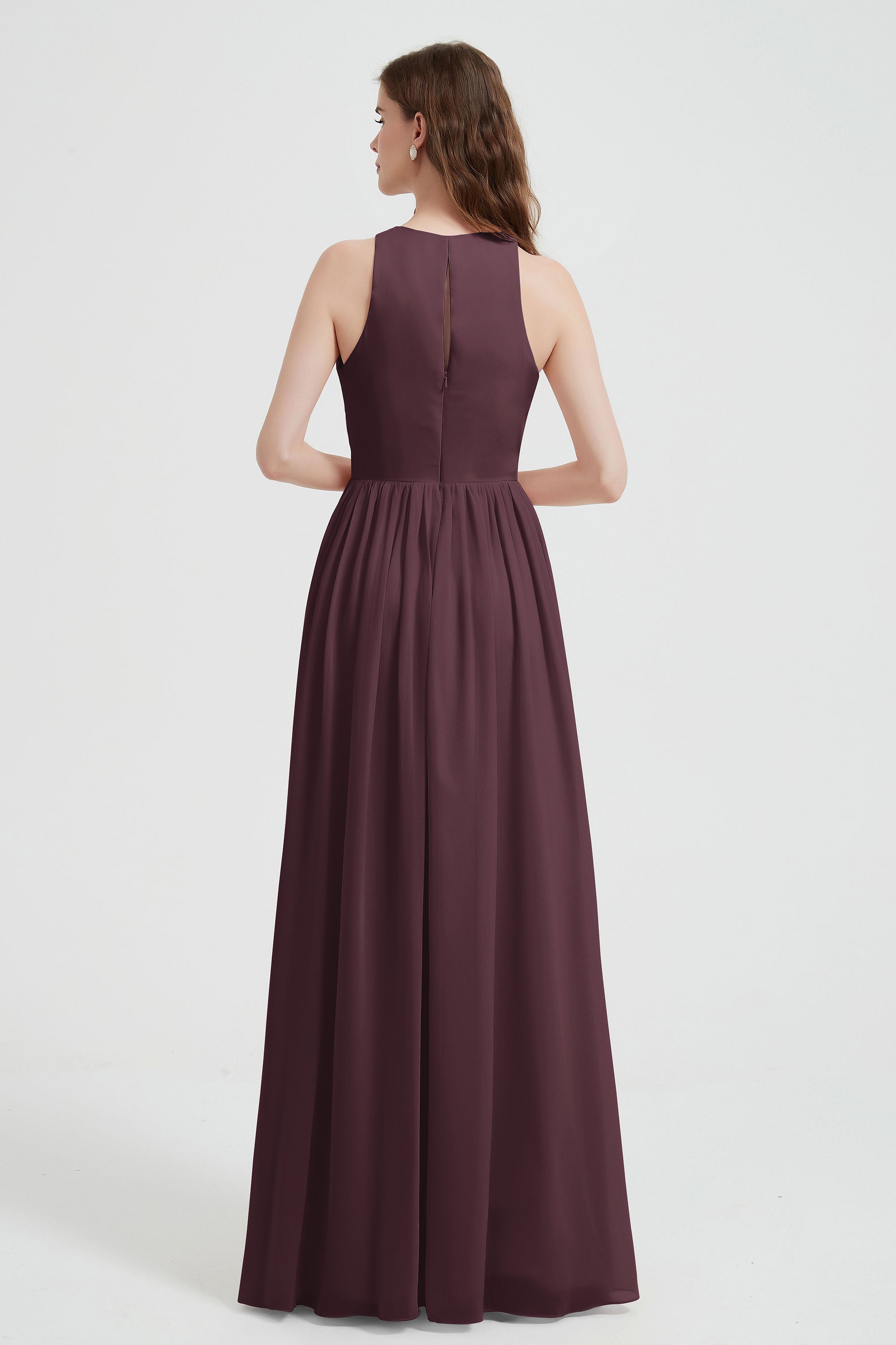 Jewel Chiffon A Line Bridesmaid Dress Floor Length Formal Evening Dresses Ruched Split Up