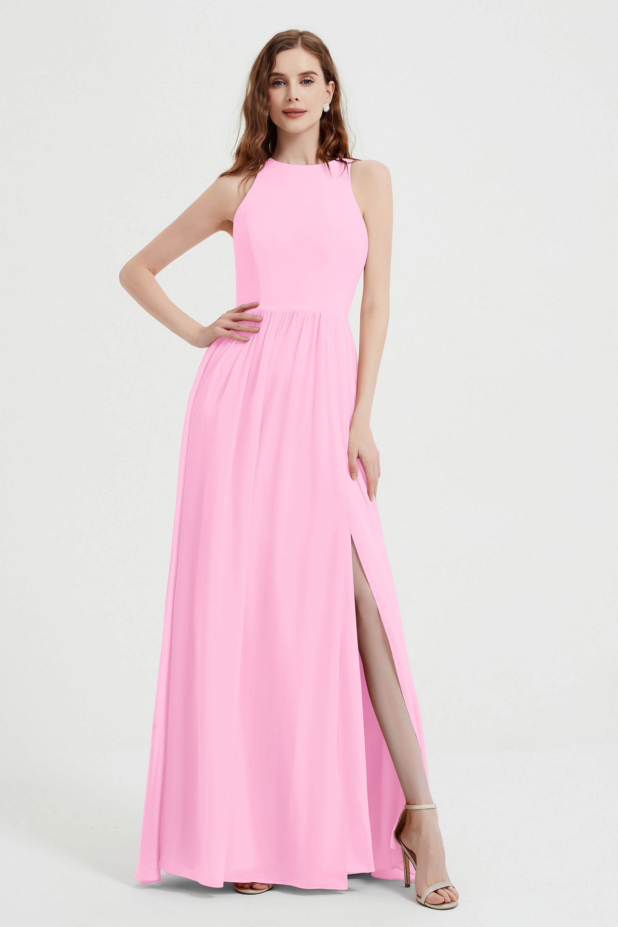 Jewel Chiffon A Line Bridesmaid Dress Floor Length Formal Evening Dresses Ruched Split Up