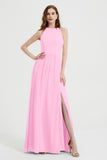 Jewel Chiffon A Line Bridesmaid Dress Floor Length Formal Evening Dresses Ruched Split Up