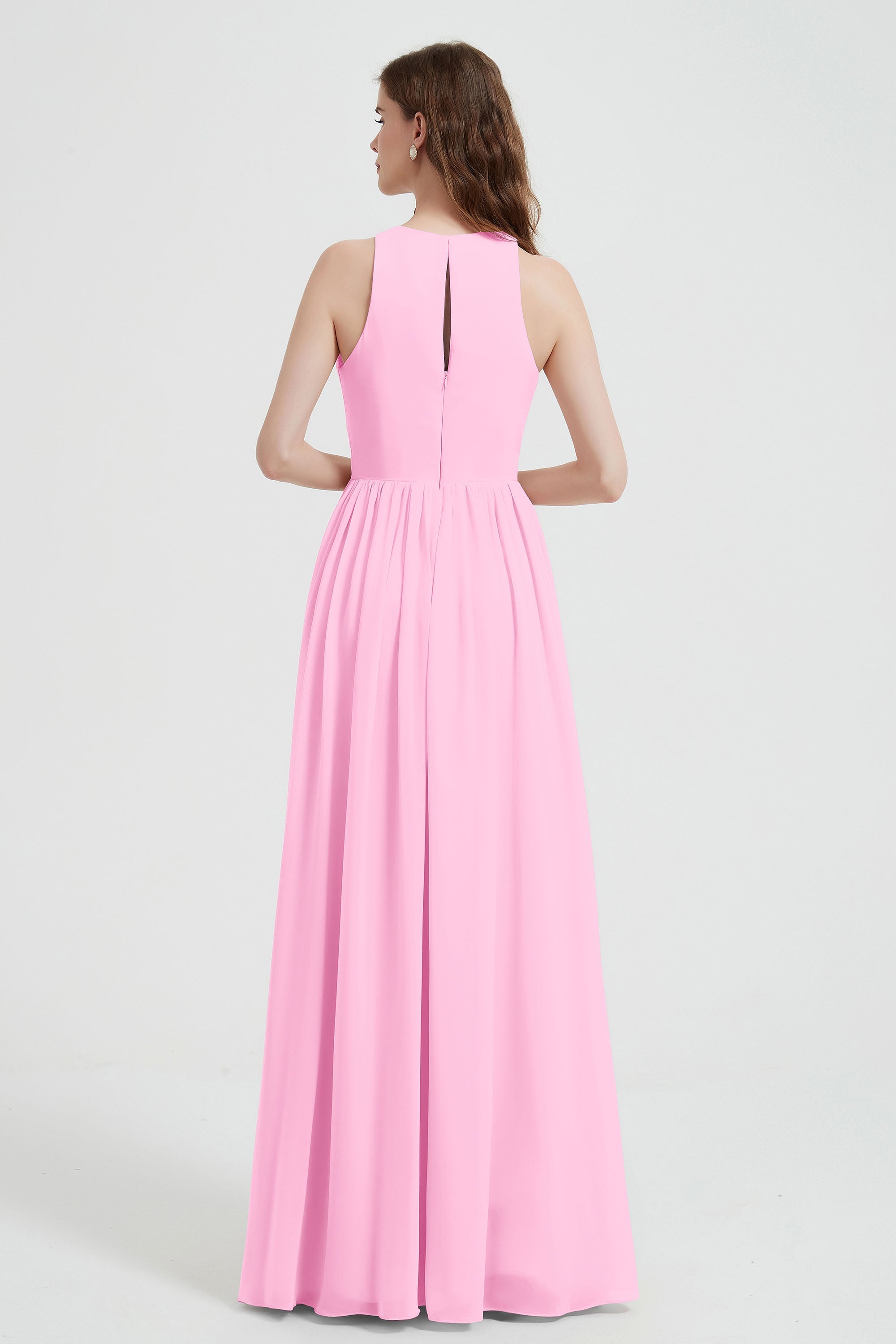 Jewel Chiffon A Line Bridesmaid Dress Floor Length Formal Evening Dresses Ruched Split Up