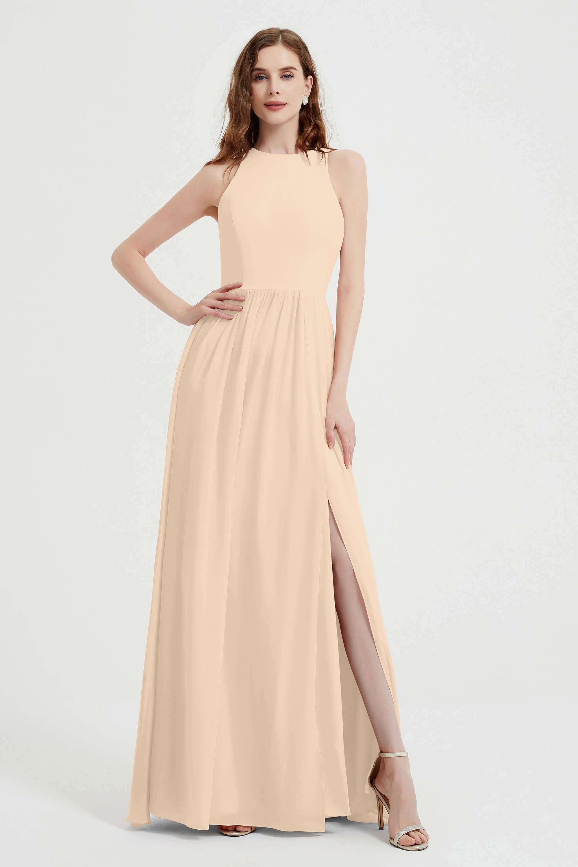 Jewel Chiffon A Line Bridesmaid Dress Floor Length Formal Evening Dresses Ruched Split Up