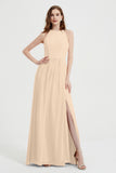 Jewel Chiffon A Line Bridesmaid Dress Floor Length Formal Evening Dresses Ruched Split Up