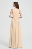 Jewel Chiffon A Line Bridesmaid Dress Floor Length Formal Evening Dresses Ruched Split Up