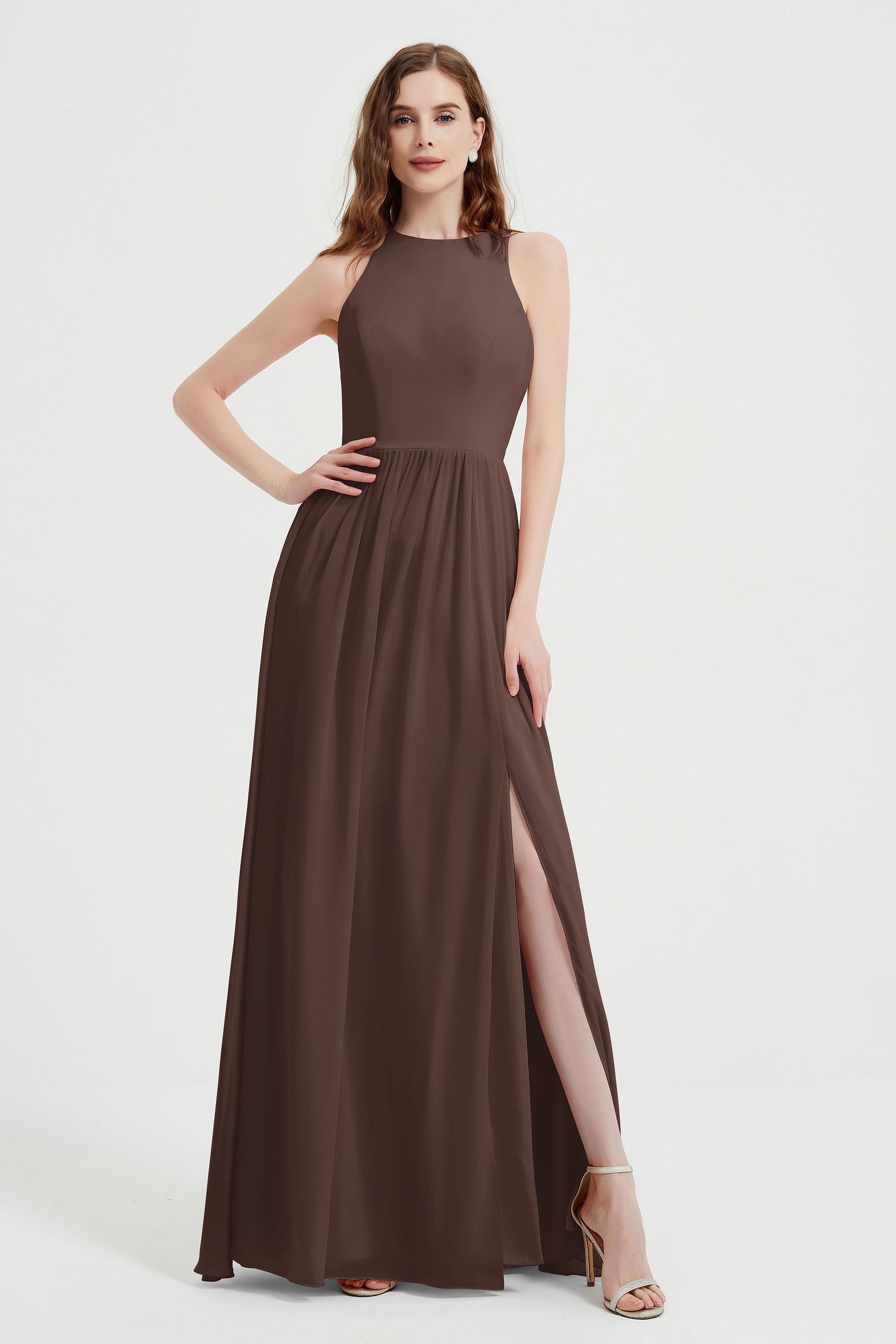 Jewel Chiffon A Line Bridesmaid Dress Floor Length Formal Evening Dresses Ruched Split Up