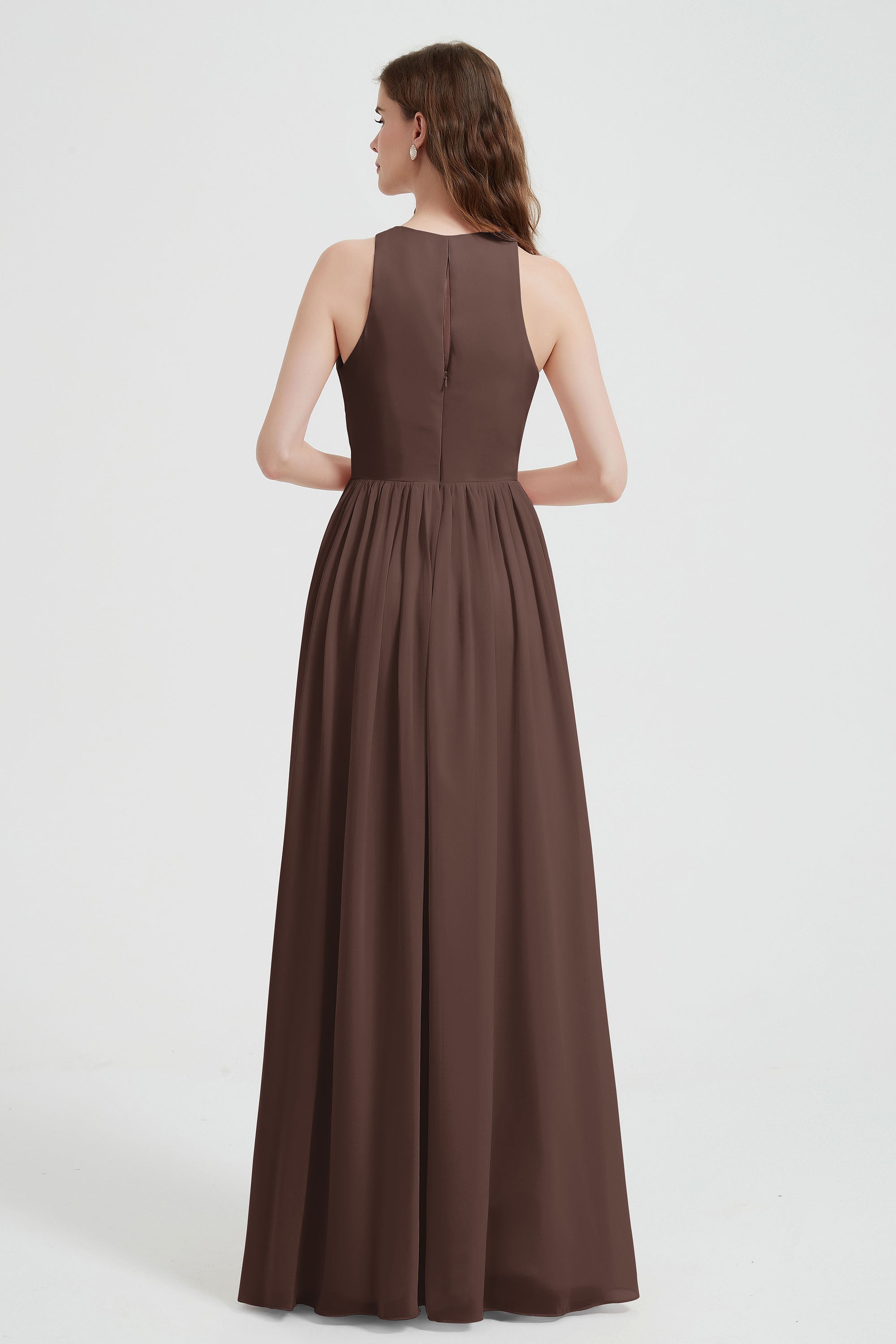 Jewel Chiffon A Line Bridesmaid Dress Floor Length Formal Evening Dresses Ruched Split Up