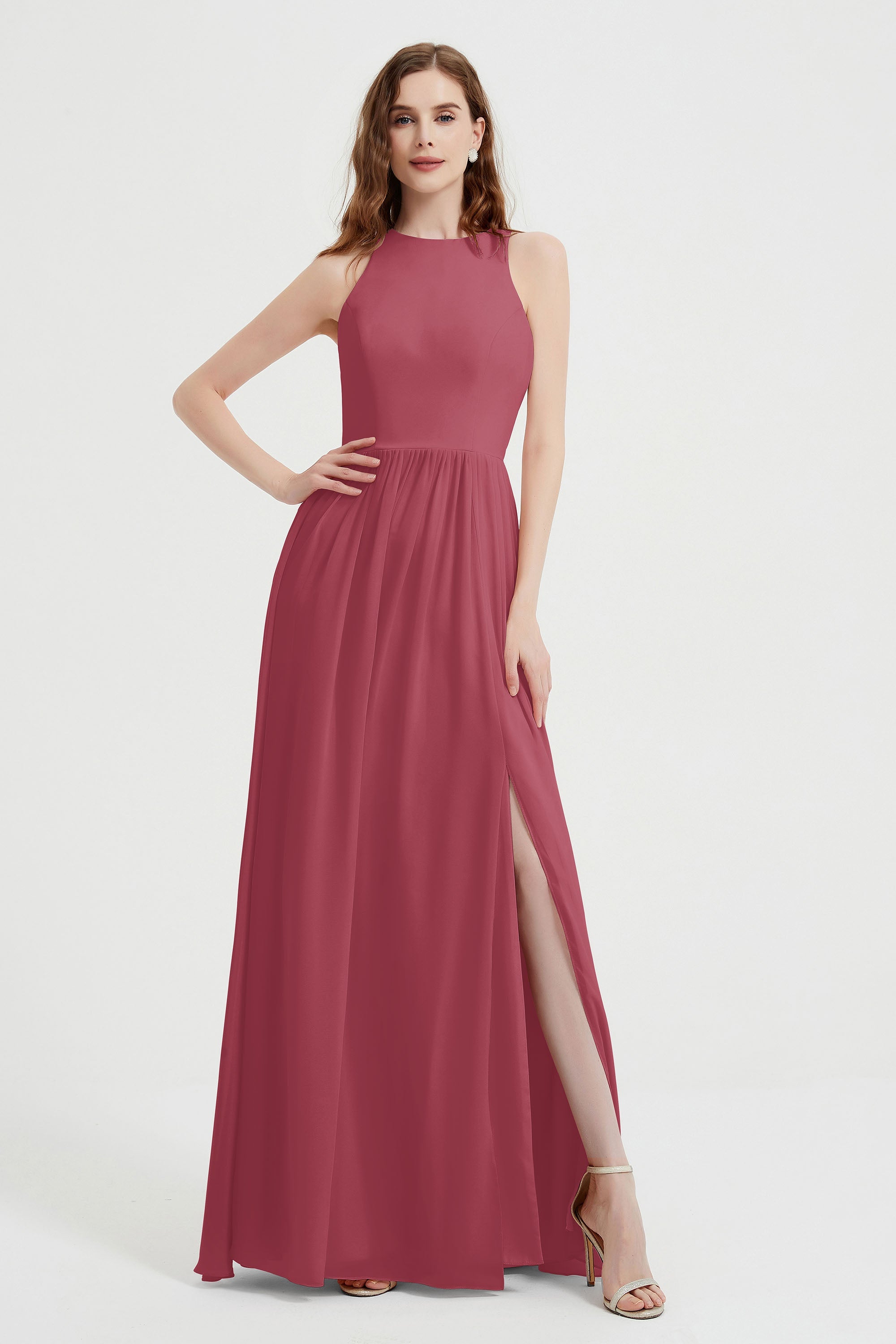 Jewel Chiffon A Line Bridesmaid Dress Floor Length Formal Evening Dresses Ruched Split Up