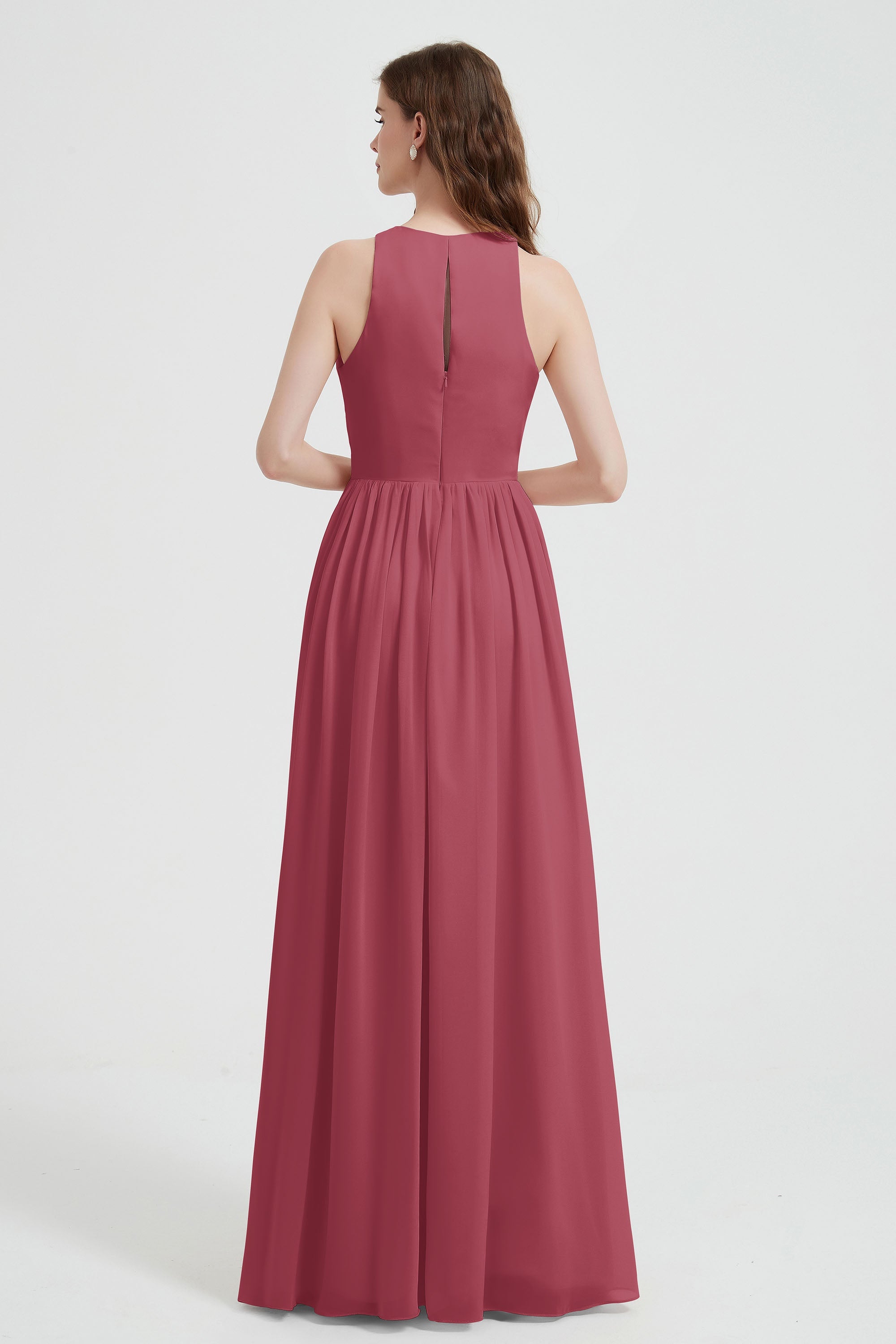 Jewel Chiffon A Line Bridesmaid Dress Floor Length Formal Evening Dresses Ruched Split Up