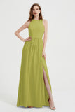 Jewel Chiffon A Line Bridesmaid Dress Floor Length Formal Evening Dresses Ruched Split Up