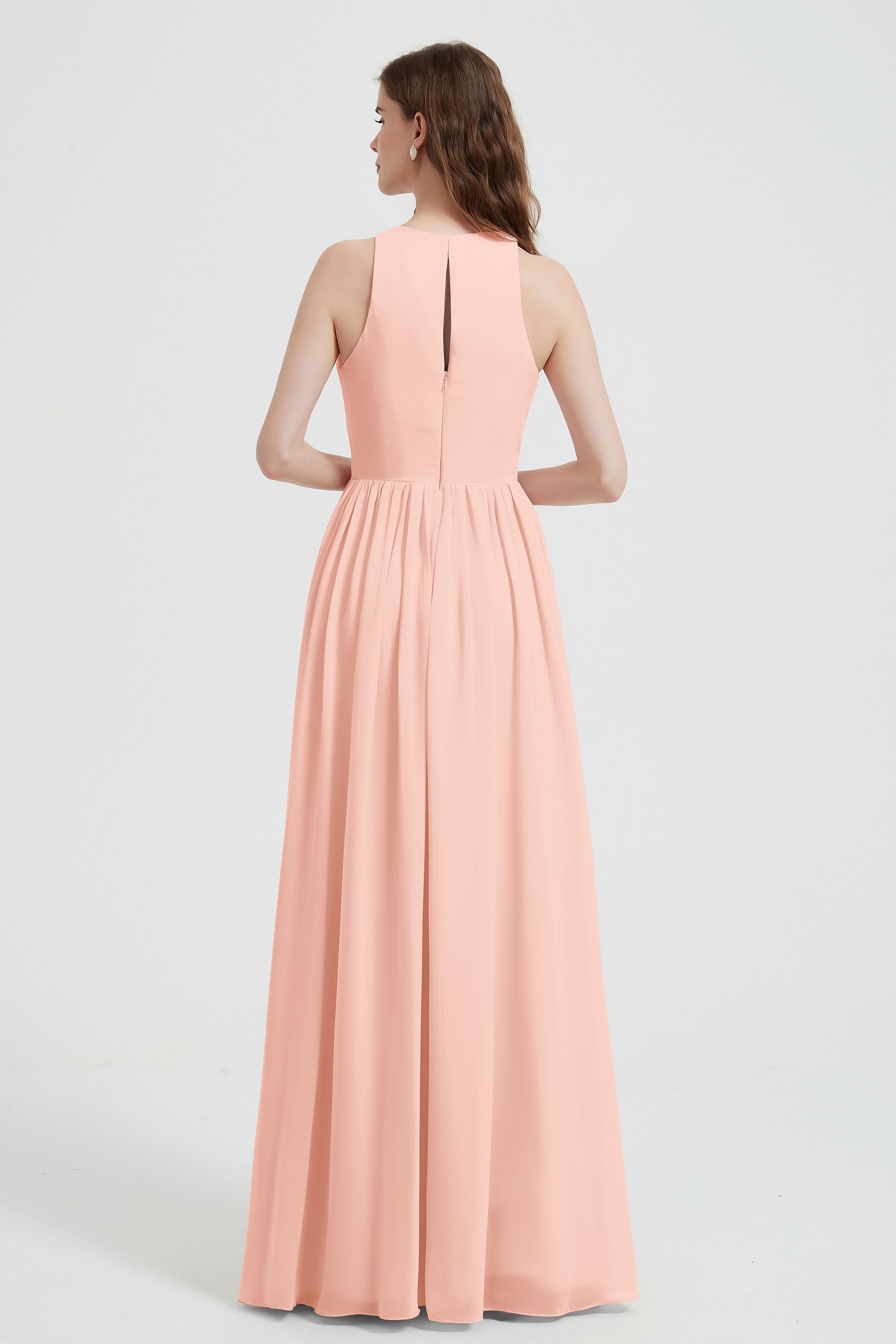 Jewel Chiffon A Line Bridesmaid Dress Floor Length Formal Evening Dresses Ruched Split Up