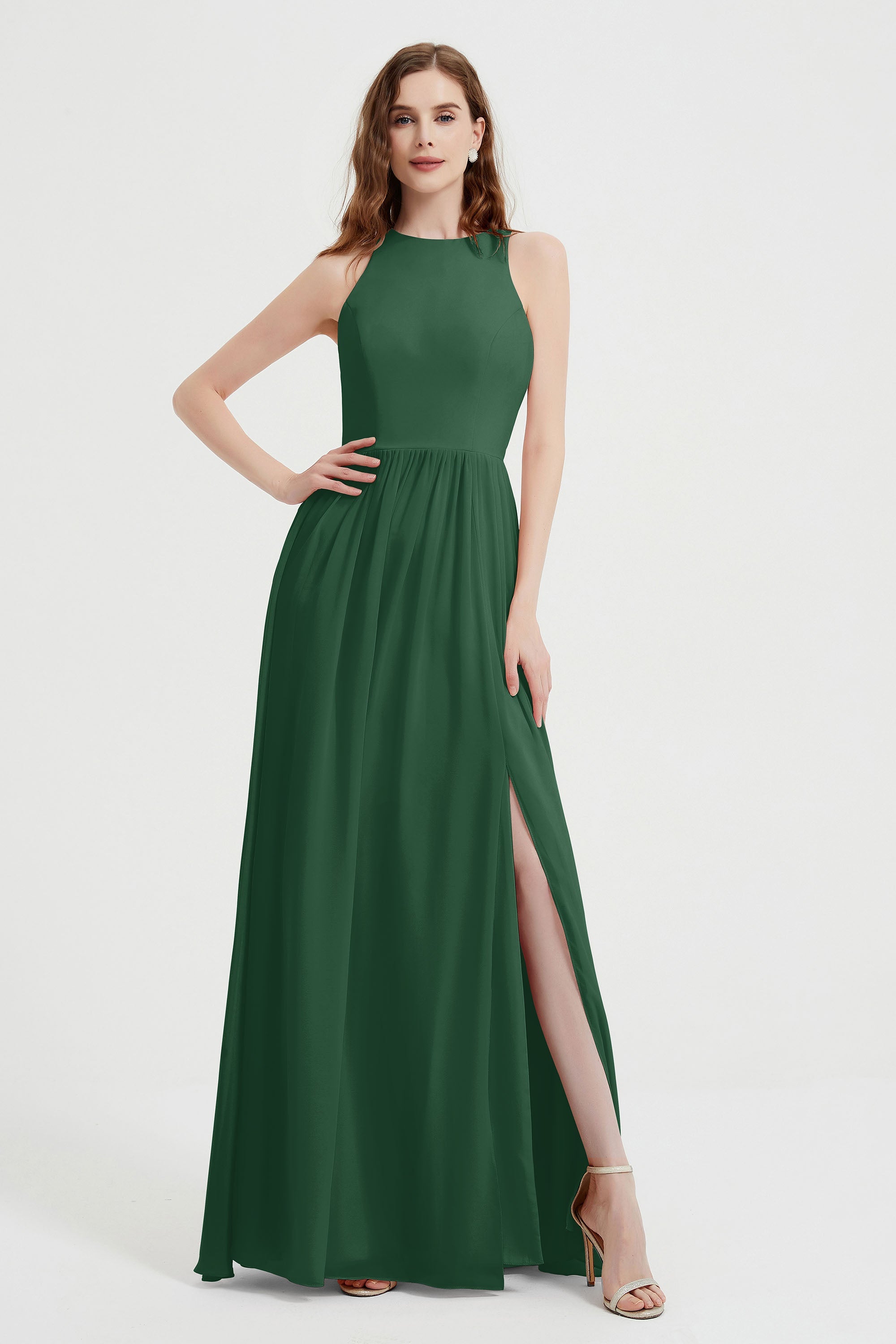 Jewel Chiffon A Line Bridesmaid Dress Floor Length Formal Evening Dresses Ruched Split Up