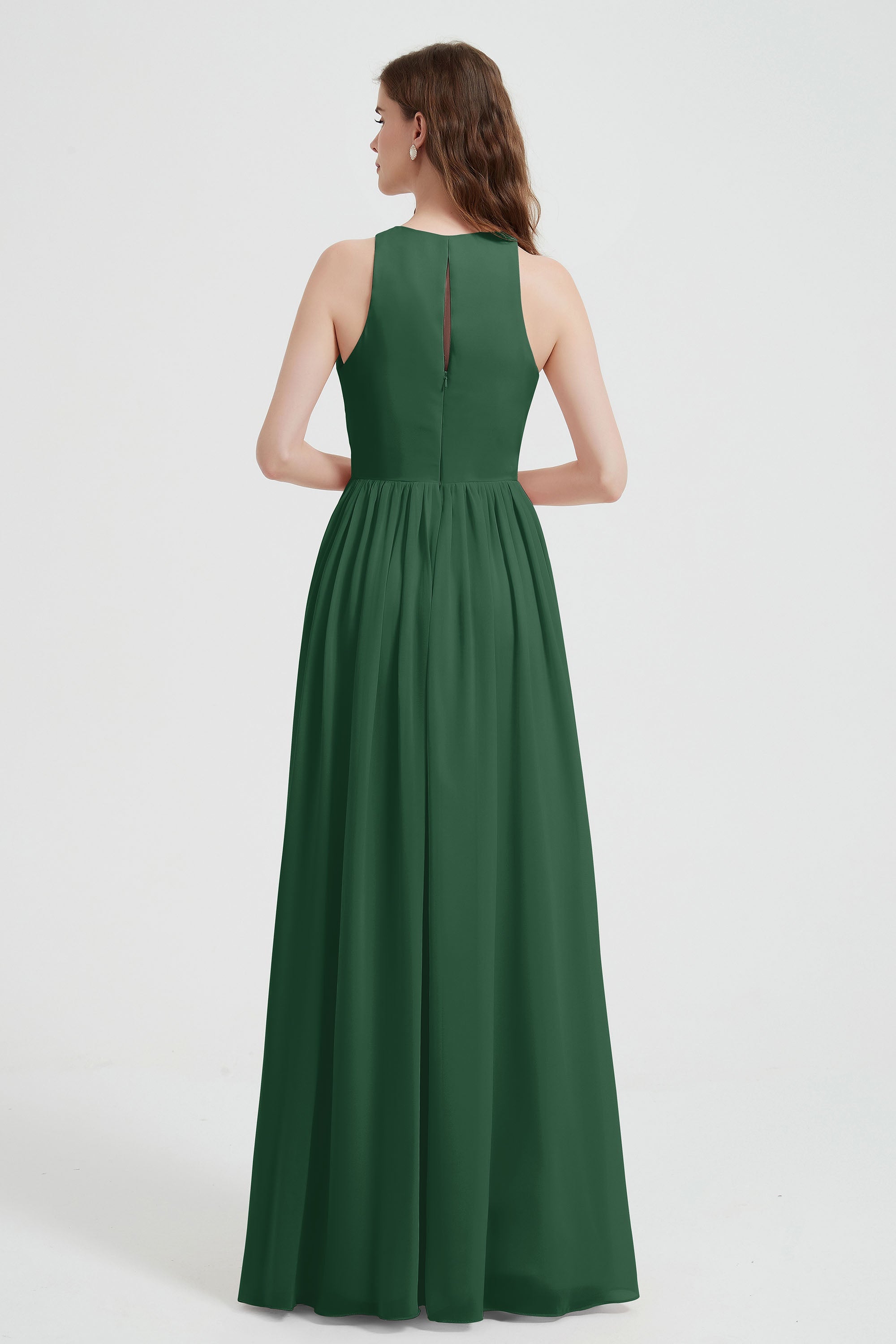 Jewel Chiffon A Line Bridesmaid Dress Floor Length Formal Evening Dresses Ruched Split Up