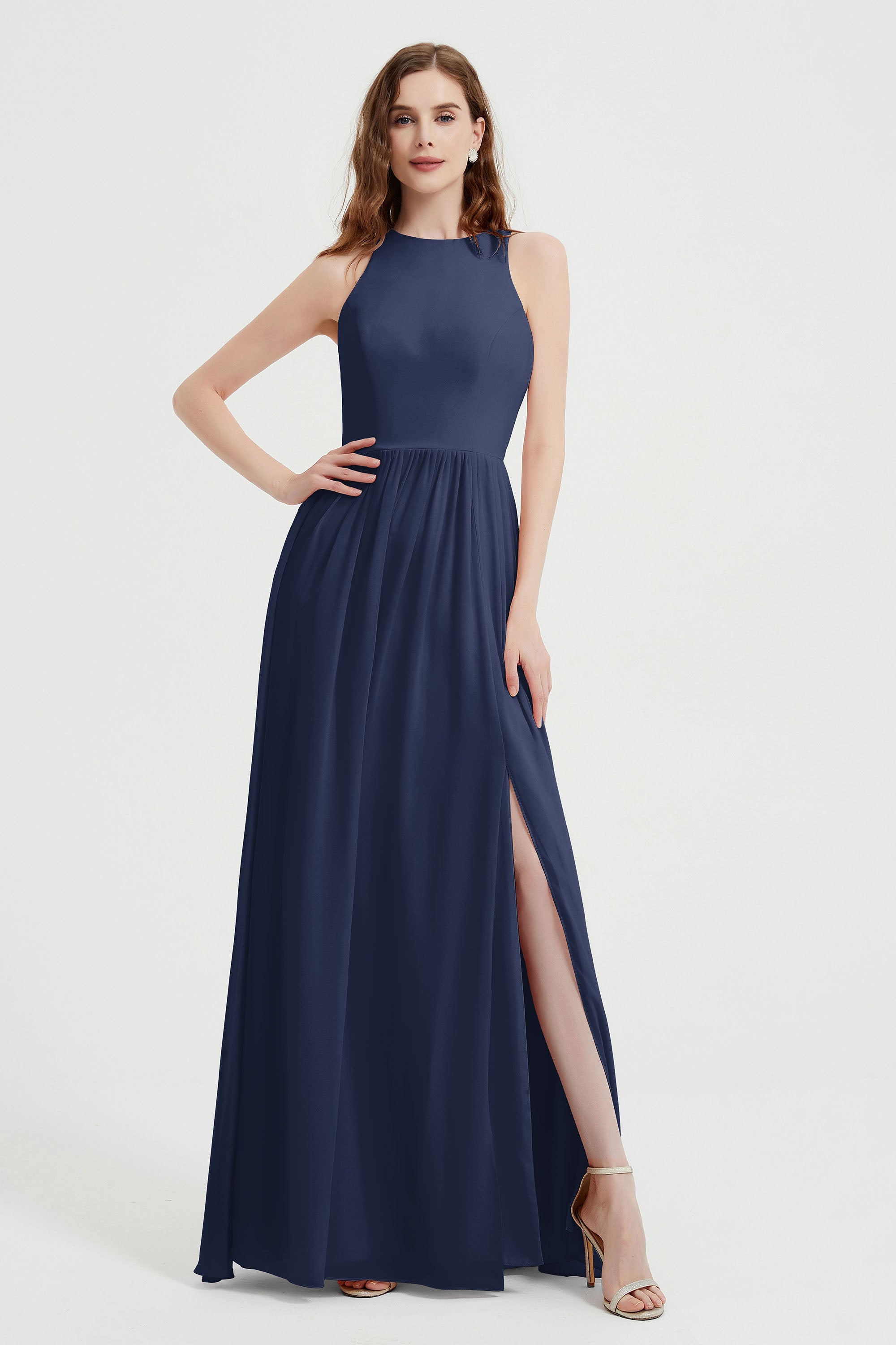 Jewel Chiffon A Line Bridesmaid Dress Floor Length Formal Evening Dresses Ruched Split Up