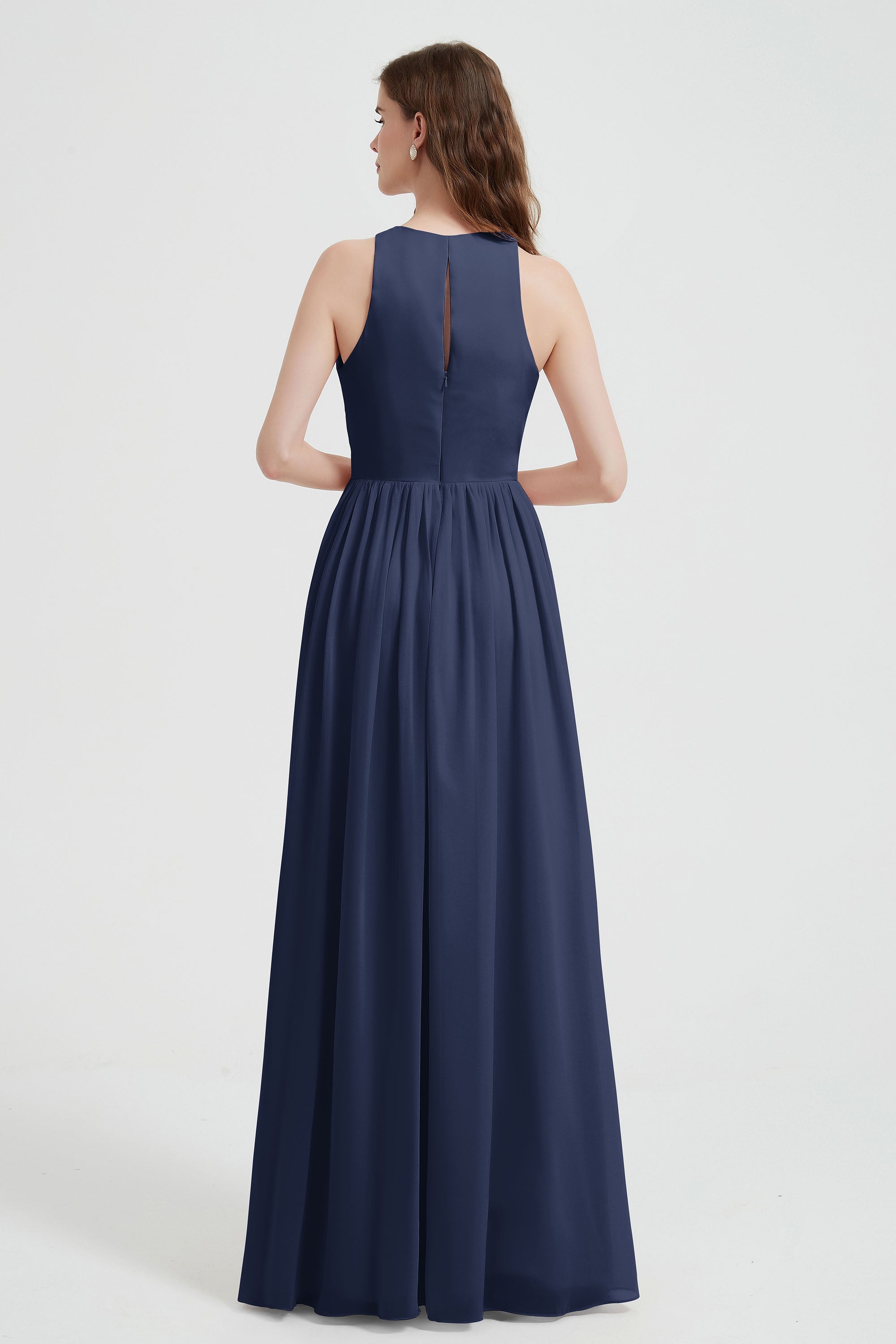 Jewel Chiffon A Line Bridesmaid Dress Floor Length Formal Evening Dresses Ruched Split Up