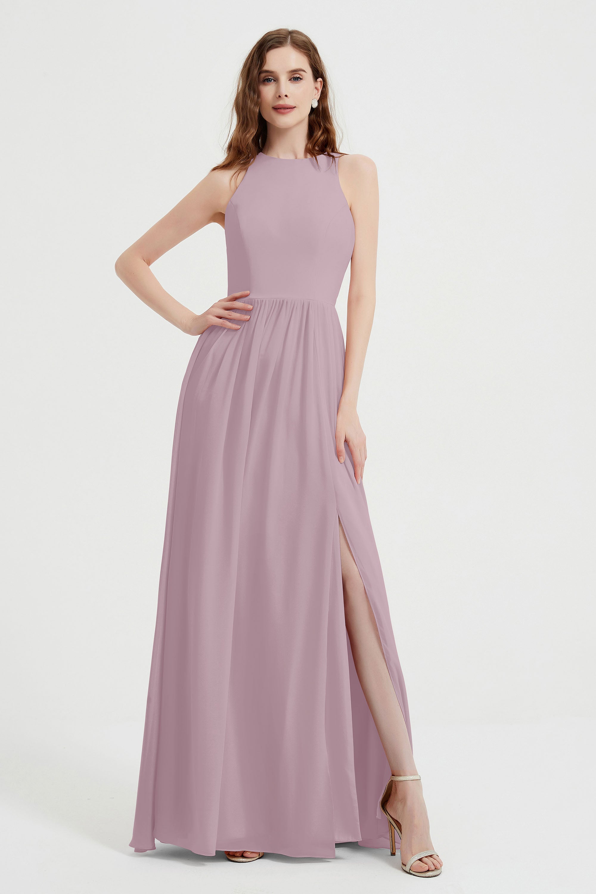 Jewel Chiffon A Line Bridesmaid Dress Floor Length Formal Evening Dresses Ruched Split Up