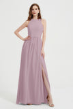 Jewel Chiffon A Line Bridesmaid Dress Floor Length Formal Evening Dresses Ruched Split Up