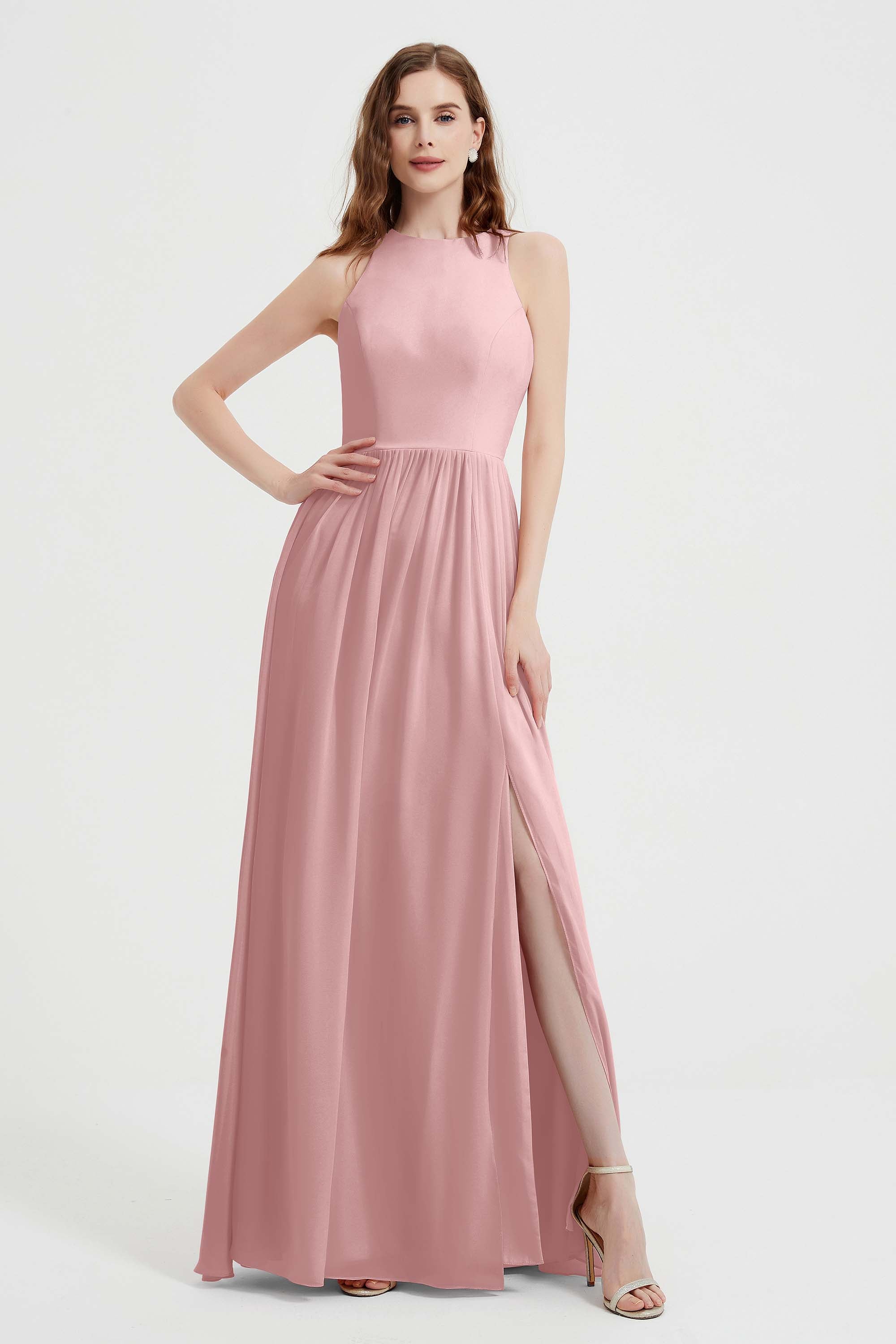 Jewel Chiffon A Line Bridesmaid Dress Floor Length Formal Evening Dresses Ruched Split Up