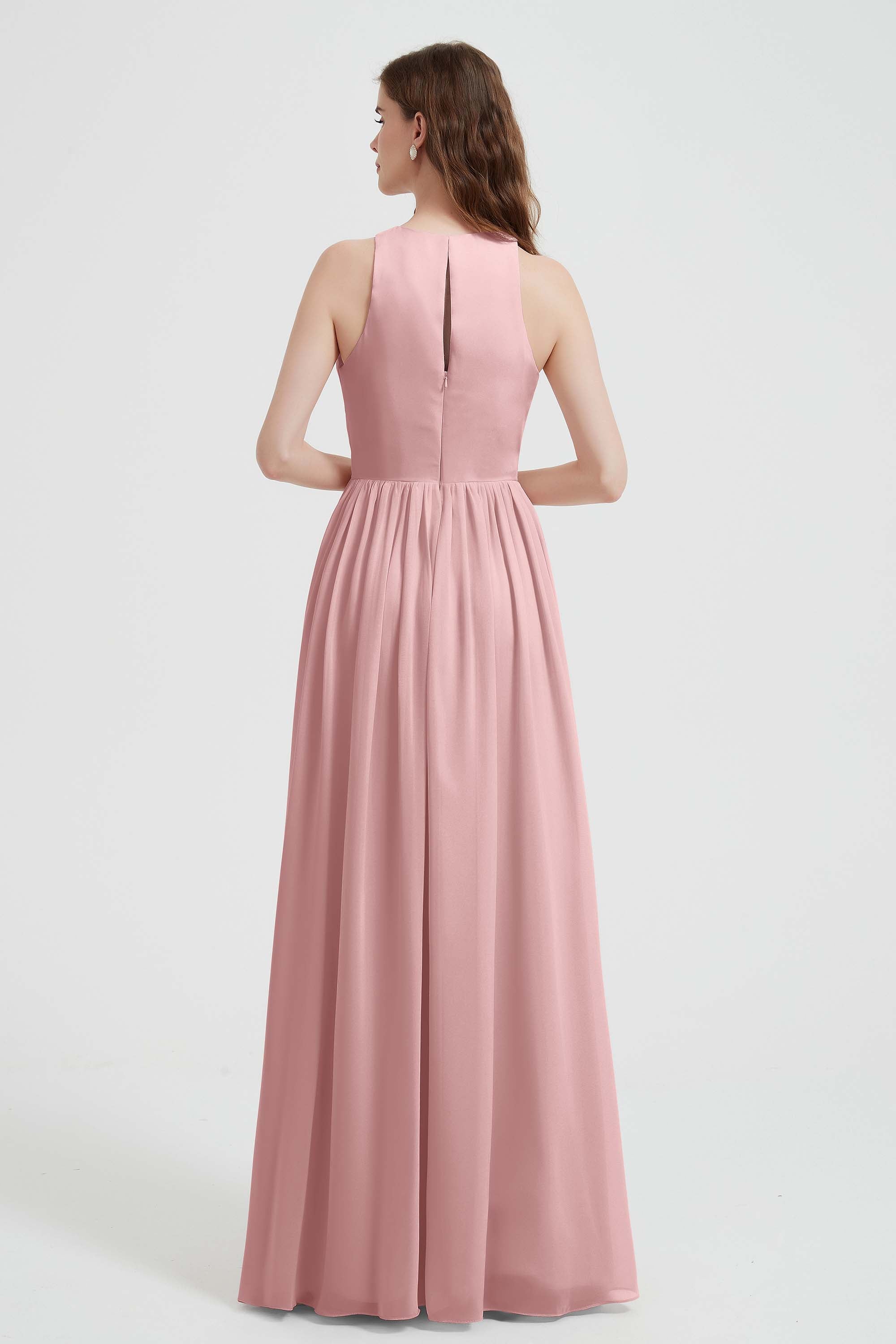 Jewel Chiffon A Line Bridesmaid Dress Floor Length Formal Evening Dresses Ruched Split Up