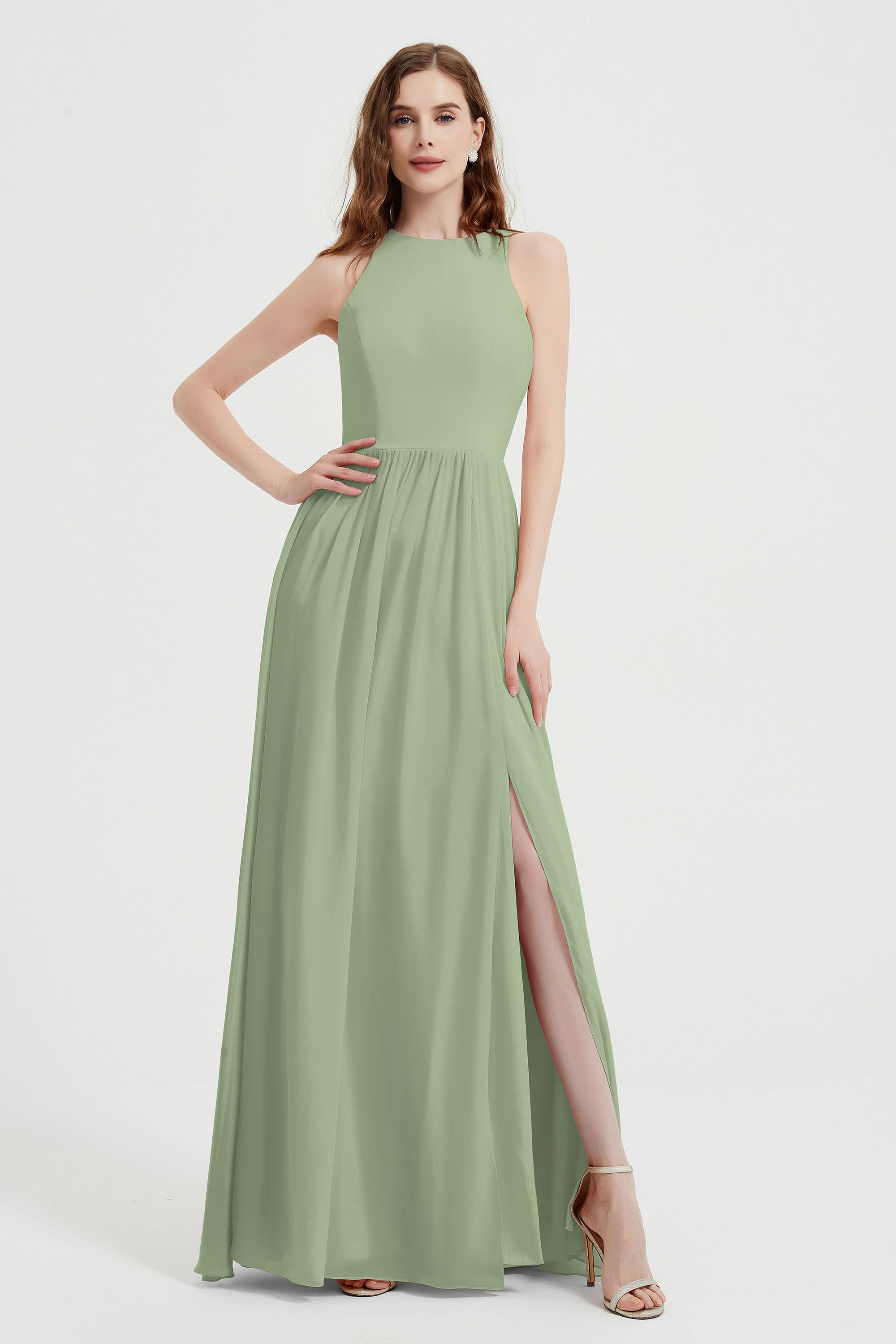 Jewel Chiffon A Line Bridesmaid Dress Floor Length Formal Evening Dresses Ruched Split Up