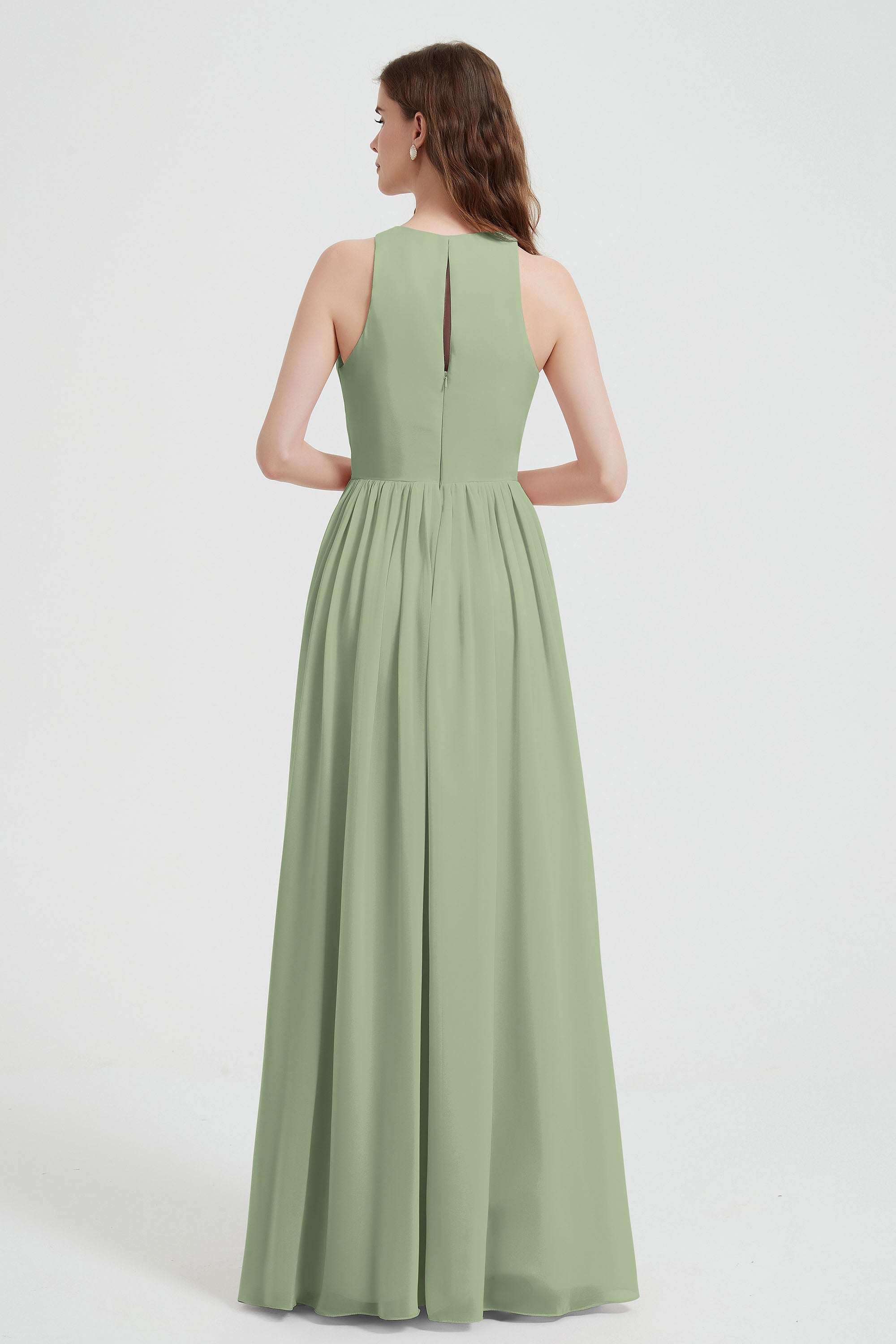 Jewel Chiffon A Line Bridesmaid Dress Floor Length Formal Evening Dresses Ruched Split Up