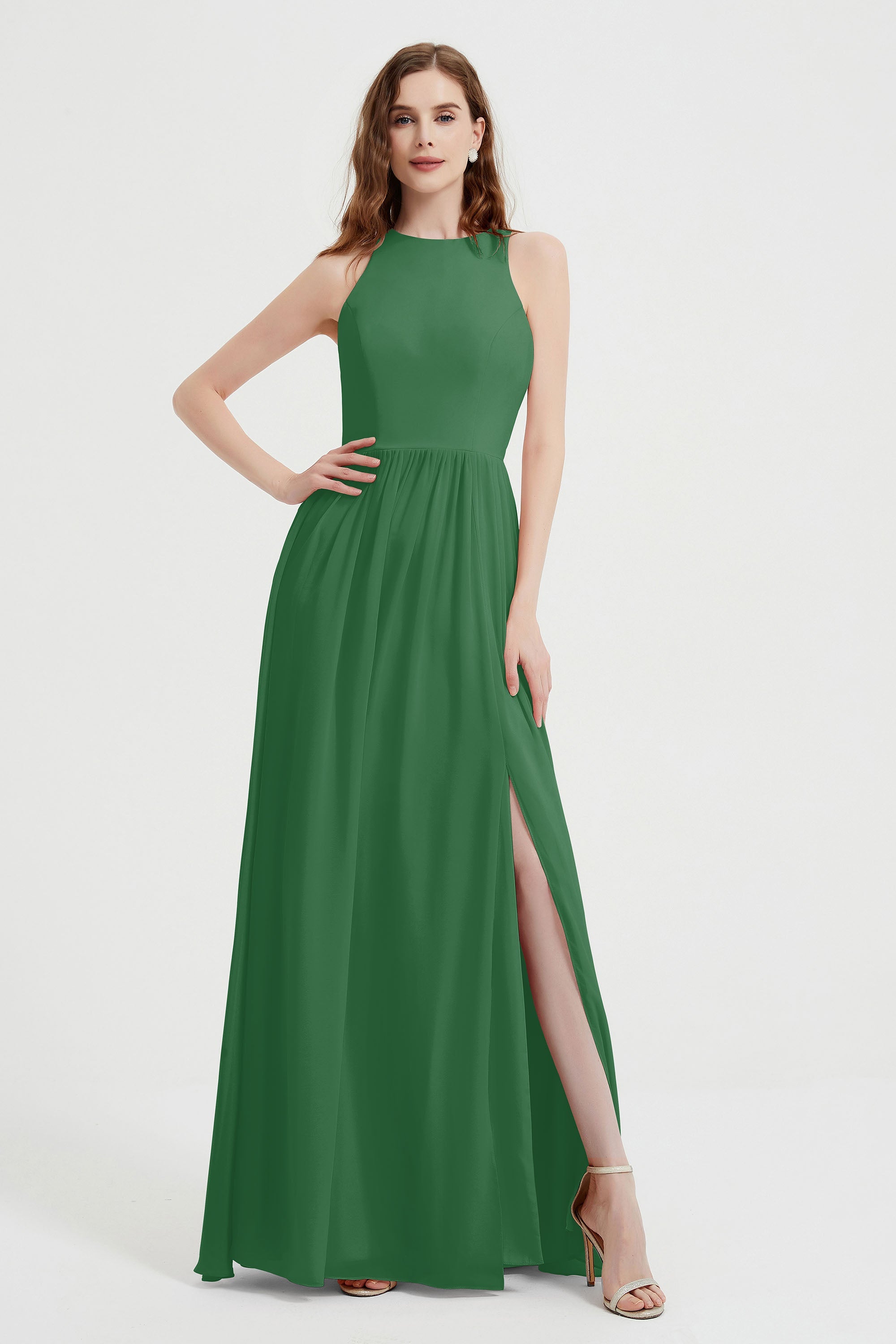 Jewel Chiffon A Line Bridesmaid Dress Floor Length Formal Evening Dresses Ruched Split Up