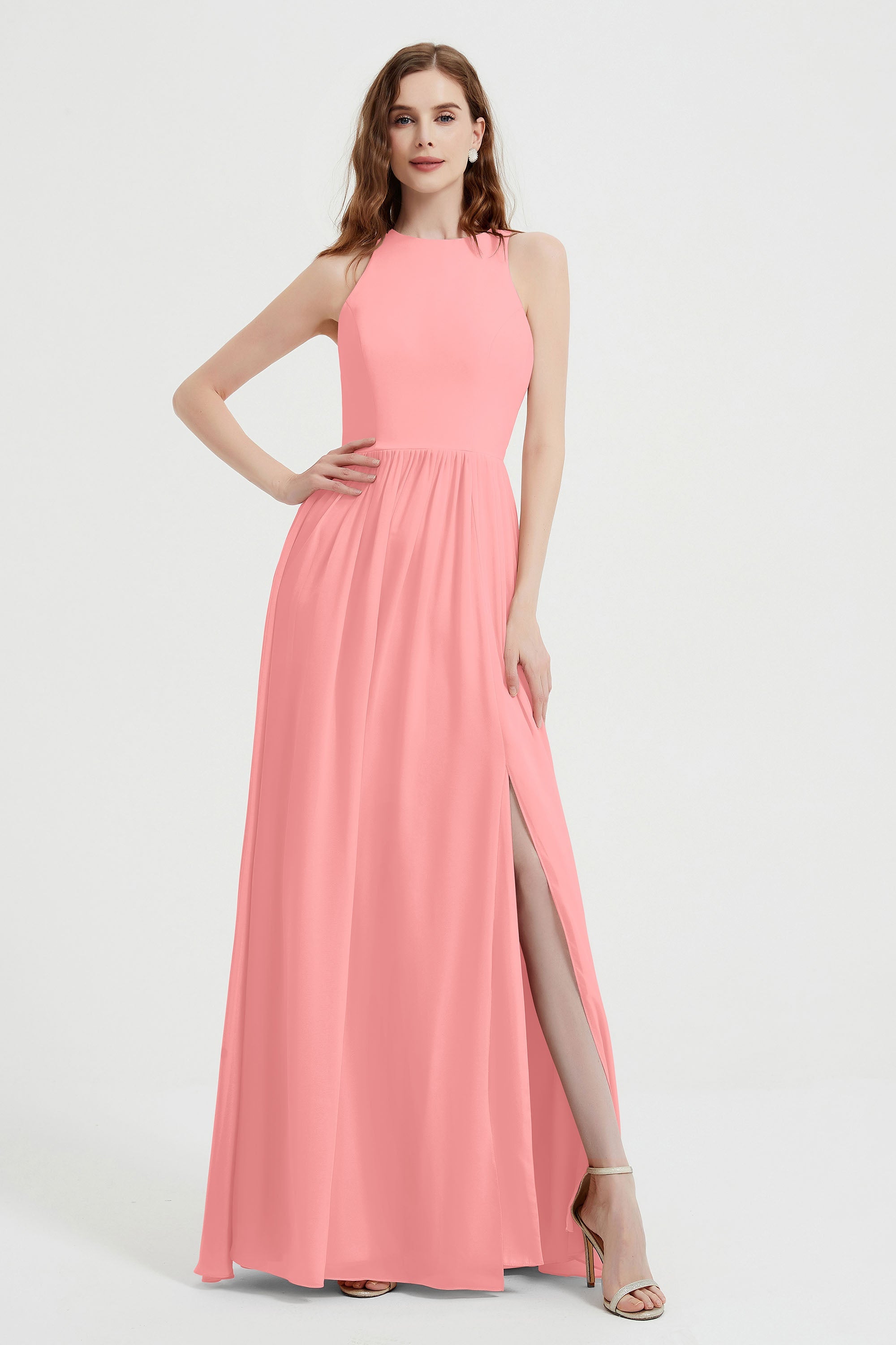 Jewel Chiffon A Line Bridesmaid Dress Floor Length Formal Evening Dresses Ruched Split Up