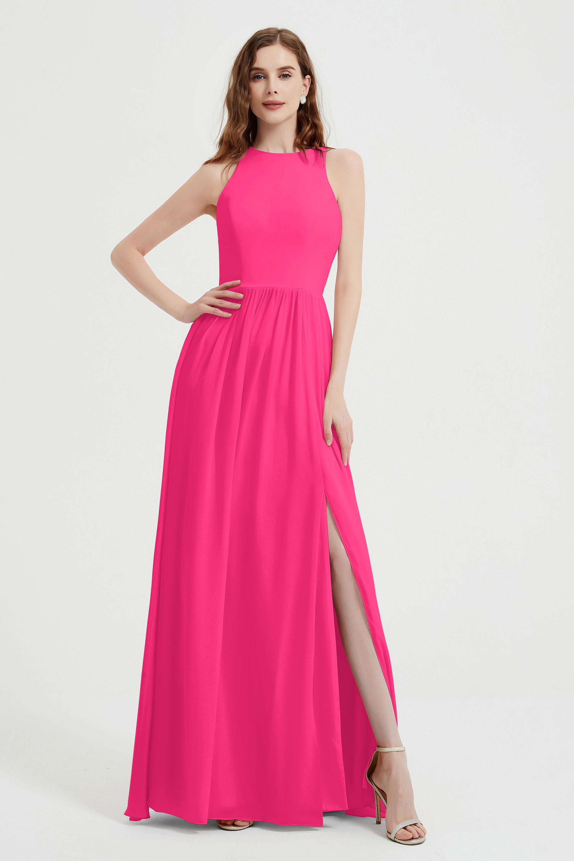 Jewel Chiffon A Line Bridesmaid Dress Floor Length Formal Evening Dresses Ruched Split Up