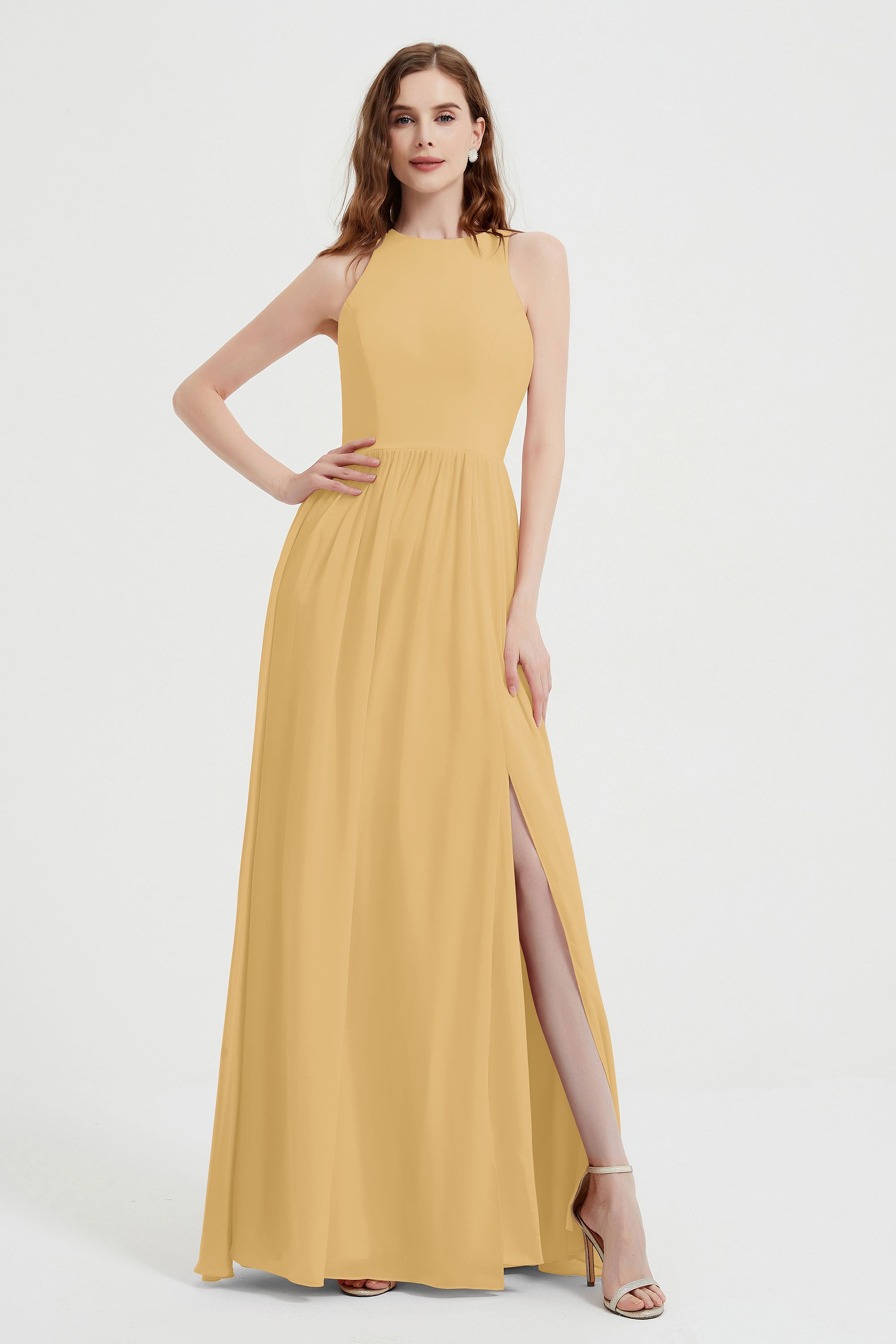 Jewel Chiffon A Line Bridesmaid Dress Floor Length Formal Evening Dresses Ruched Split Up