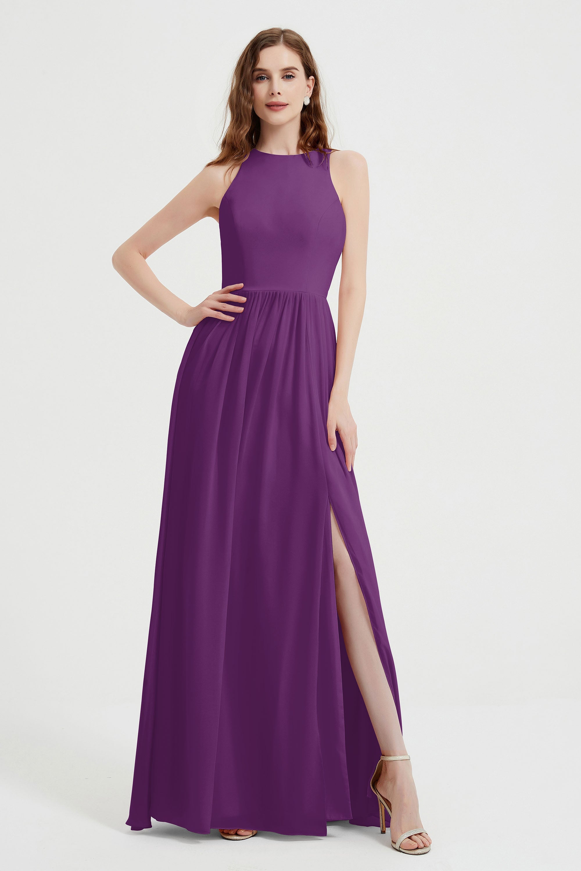 Jewel Chiffon A Line Bridesmaid Dress Floor Length Formal Evening Dresses Ruched Split Up