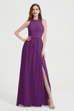 Jewel Chiffon A Line Bridesmaid Dress Floor Length Formal Evening Dresses Ruched Split Up