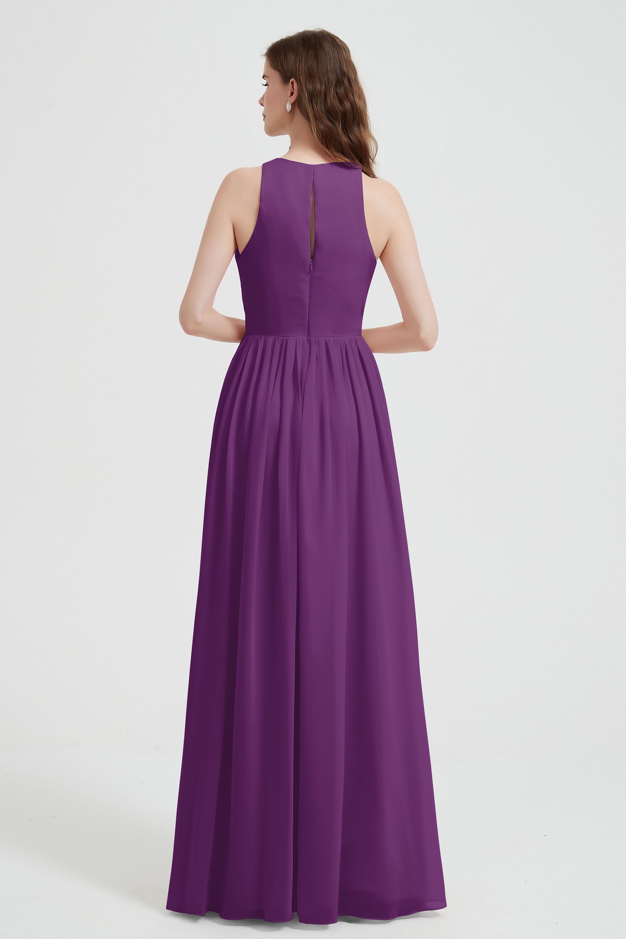 Jewel Chiffon A Line Bridesmaid Dress Floor Length Formal Evening Dresses Ruched Split Up